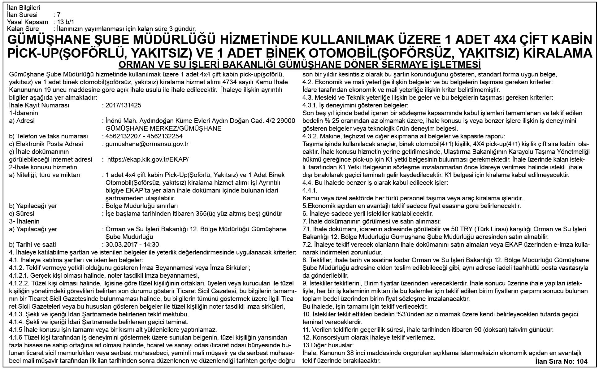 RESMİ İLAN 22.03.2017