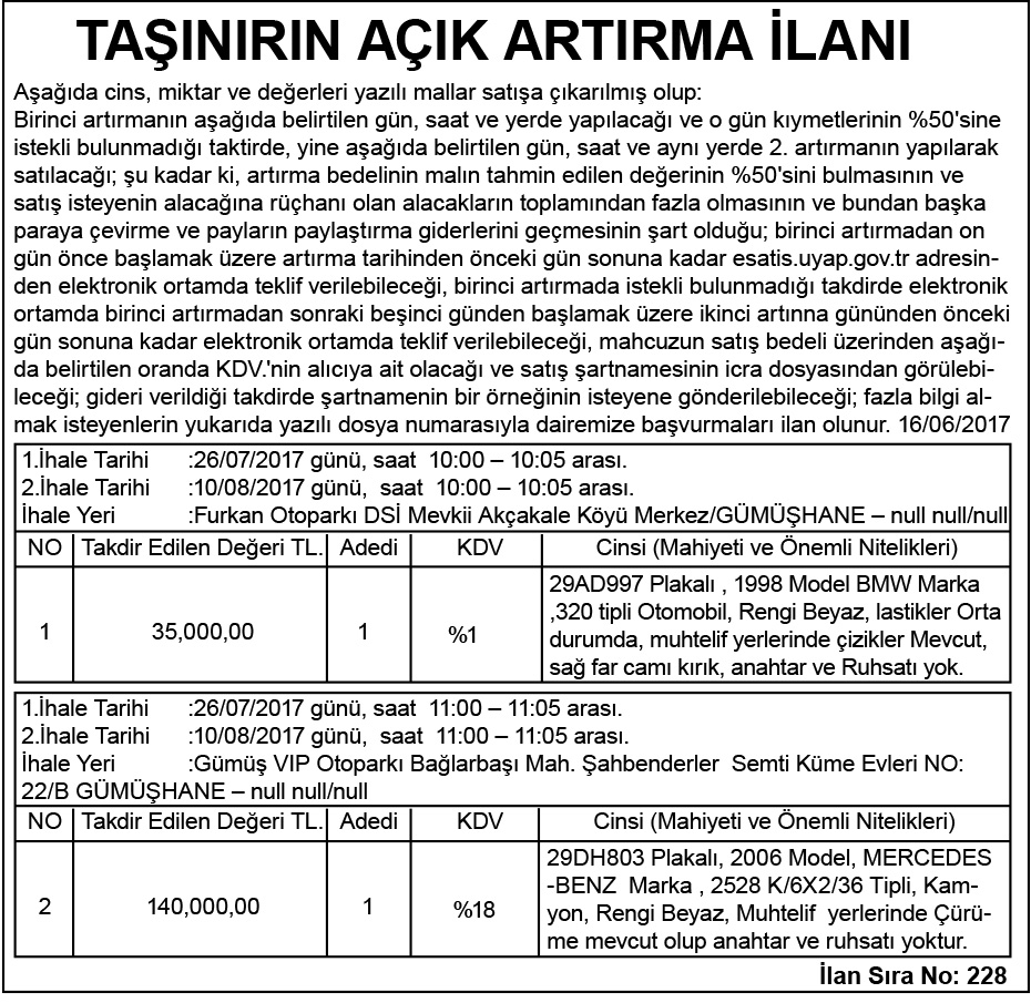 RESMİ İLAN 17.06.2017