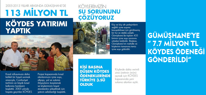 GÜMÜŞHANE'YE “ 7.7 MİLYON TL KÖYDES ÖDENEĞİ GÖNDERİLDİ”