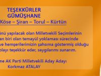 ATALAY’DAN TEŞEKKÜR MESAJI