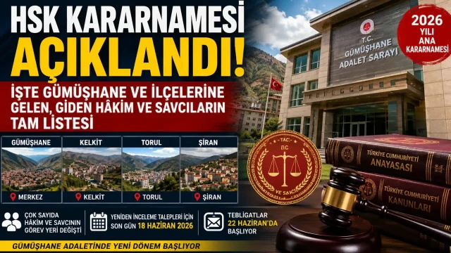 HSK Kararnamesi Açıklandı! İşte Gümüşhane ve İlçelerine Gelen, Giden Hakim ve Savcıların Tam Listesi