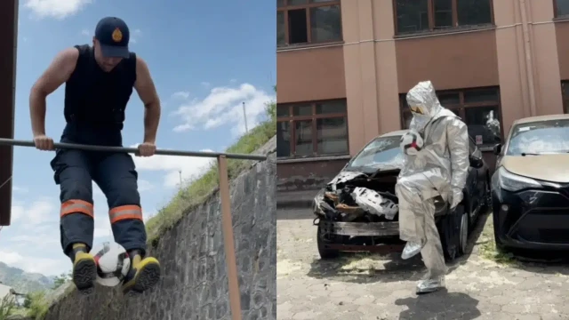 Milli Takım için yangın kıyafetleriyle barfiks çekip top sektirdiler