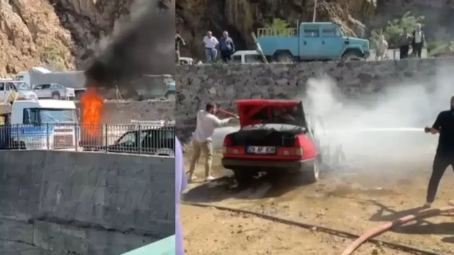 Torul’da park halindeki LPG’li otomobil alev alev yandı